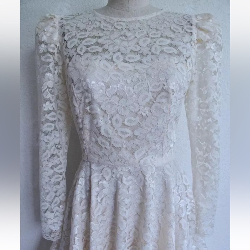 Vintage Cachet by Bari Protas Ivory Lace Midi Dress Wedding Romantic Long Sleeve - Picture 13 of 15